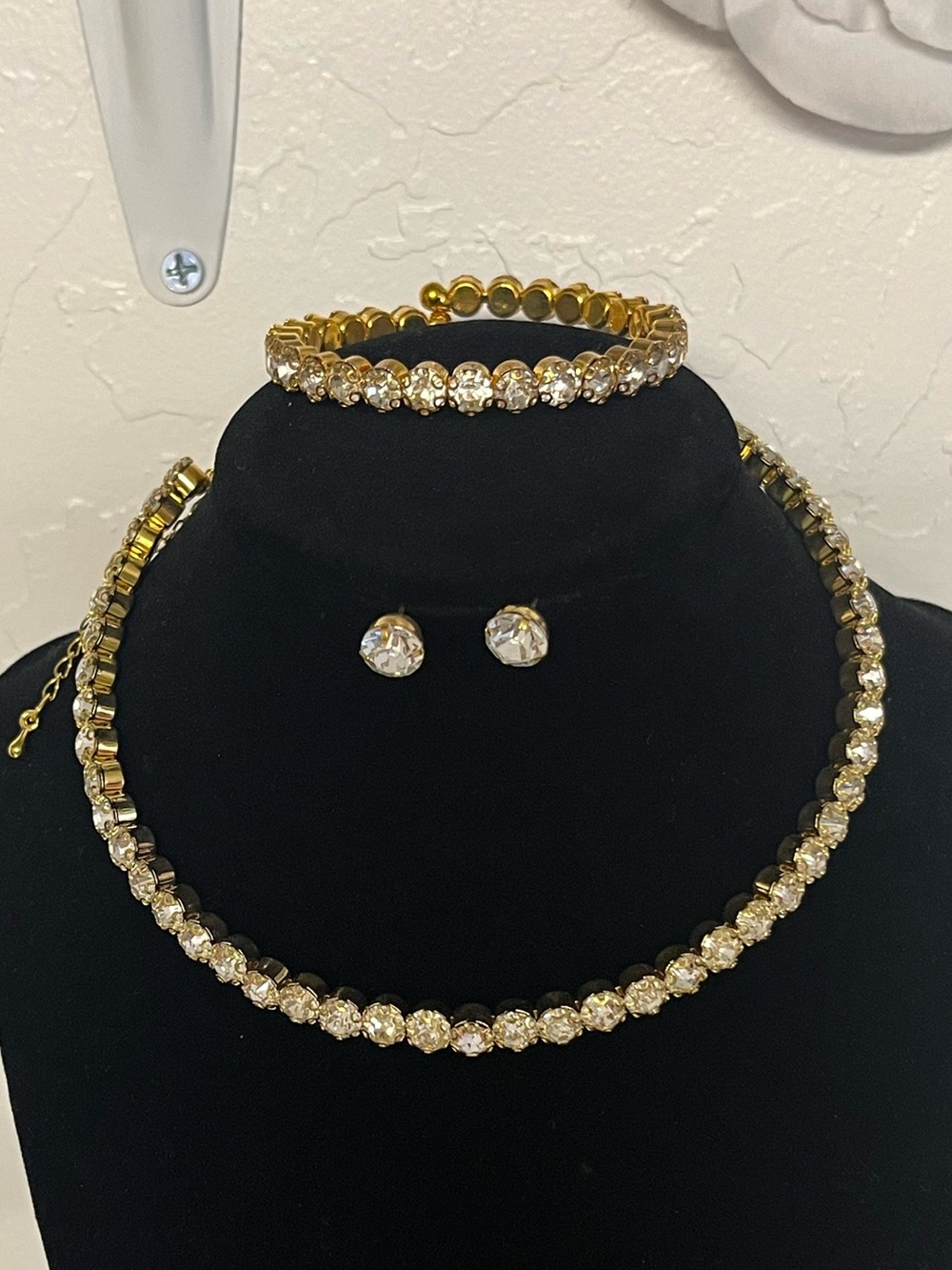 Gold Crystal Tennis Necklace, Bracelet & Stud Earring Set
